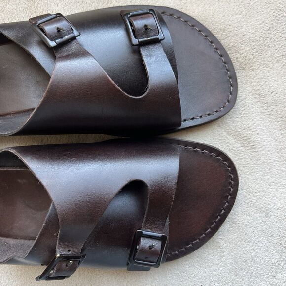 Jerusalem Dark Brown Stiff Leather Slide Sandal Men EU 47 US 13.5-14 Double Monk - Picture 8 of 15